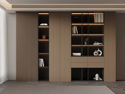 Modern Wooden Bookshelf With Open Shelves Books Decorative Items And Built-in Lighting 3d model