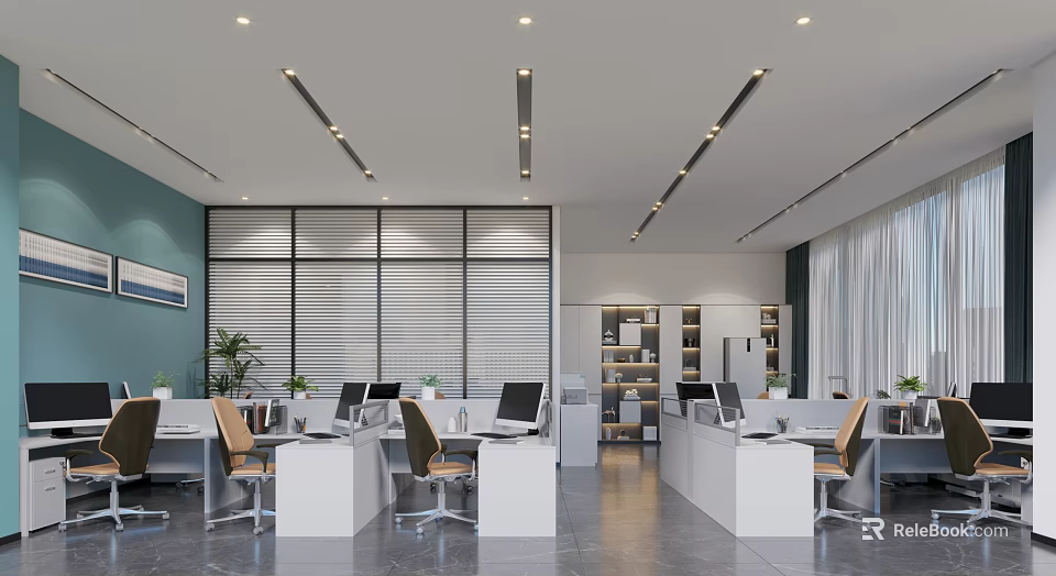 Modern Public Office Space Interior With Workstations Ergonomic Chairs Bookshelves And Green Plants 3d model 