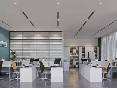 Modern Public Office Space Interior With Workstations Ergonomic Chairs Bookshelves And Green Plants 3d model