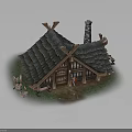 Rustic Wooden Cottage Featuring Tiled Roof Chimney Grass Surroundings Rabbit On Porch Steps