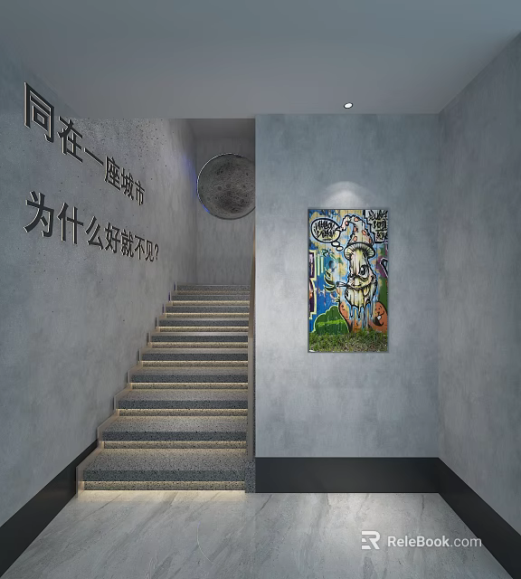 Staircase With Gray Walls And Concrete Steps Featuring Colorful Graffiti Painting And Circular Decoration 3d model 