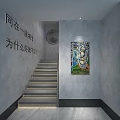 Staircase With Gray Walls And Concrete Steps Featuring Colorful Graffiti Painting And Circular Decoration