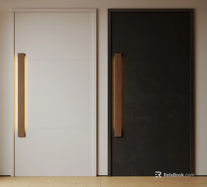 Modern Sleek Security Door With White Black Panels And Wooden Long Handles 3d model 