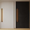 Modern Sleek Security Door With White Black Panels And Wooden Long Handles