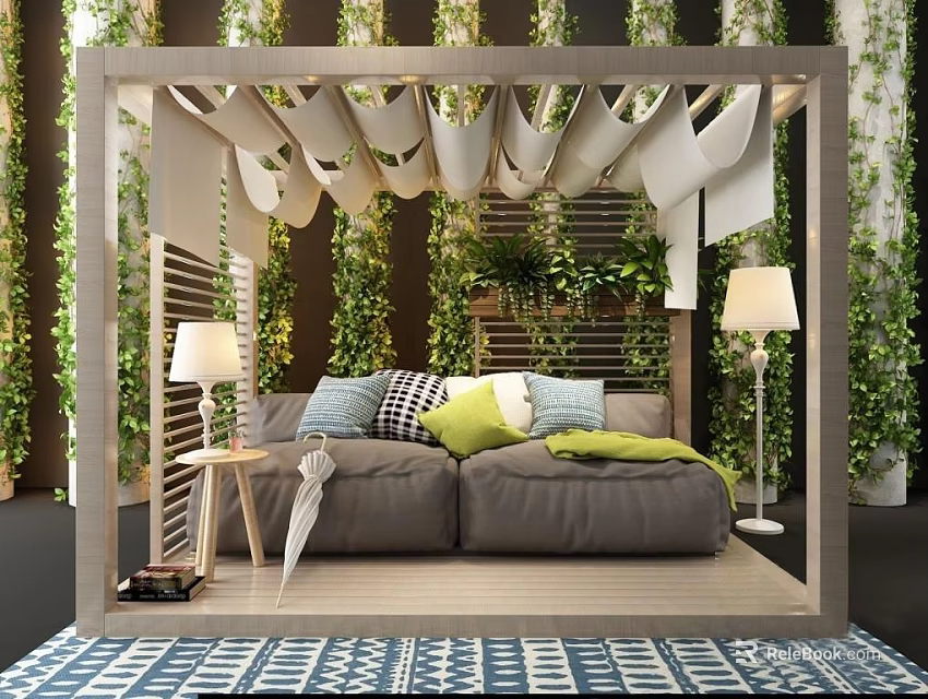 Two Seater Sofa With Wooden Frame Green Walls Table Lamps Decorative Pillows And Patterned Rug 3d model 