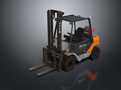 STILL Industrial Forklift In Orange Gray And Black With Cab Forks And Wheels 3d model