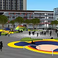 Vibrant Outdoor Children's Playground With Colorful Circular Structures Trees And People Playing