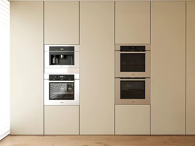 Built In Daily Appliances In Modern Kitchen With Light Colored Cabinets And Ovens 3d model