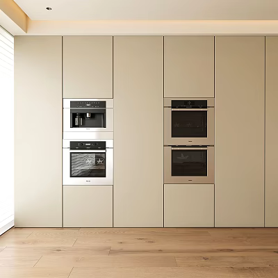 Built In Daily Appliances In Modern Kitchen With Light Colored Cabinets And Ovens 3d model