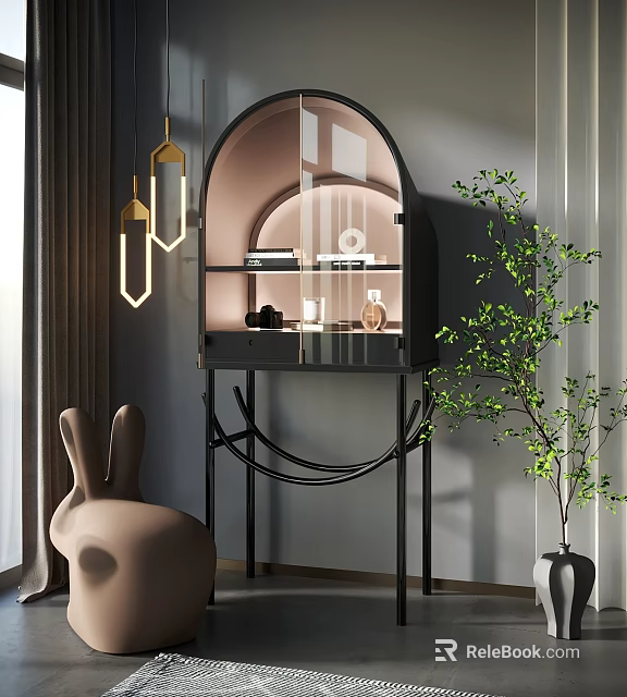 Elegant Modern Wine Cabinet With Glass Doors Display Shelves And Green Plant 3d model 