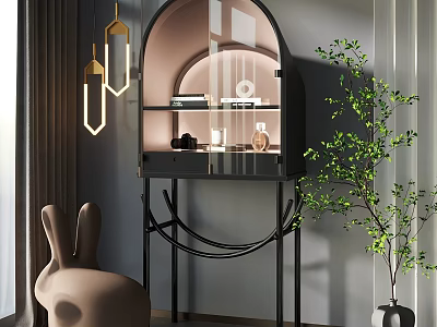Elegant Modern Wine Cabinet With Glass Doors Display Shelves And Green Plant 3d model