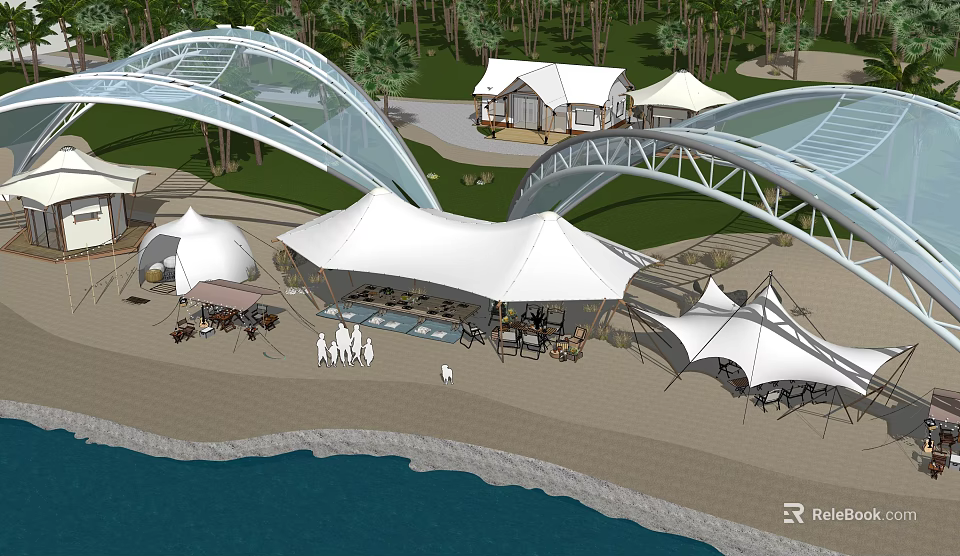 Tranquil Beach Landscape With White Tents Arched Bridges Trees Cottages And People 3d model 