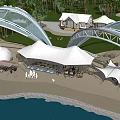 Tranquil Beach Landscape With White Tents Arched Bridges Trees Cottages And People