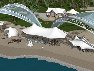Tranquil Beach Landscape With White Tents Arched Bridges Trees Cottages And People 3d model