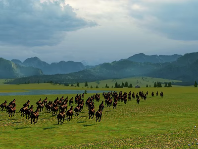 Beautiful Scenery Of Vast Grassland With Herd Of Running Horses Distant Mountains And Cloudy Sky 3d model