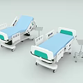Hospital Medical Beds With Blue Mattresses Green Headboards And Mobile Tables On Wheels