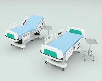 Hospital Medical Beds With Blue Mattresses Green Headboards And Mobile Tables On Wheels 3d model