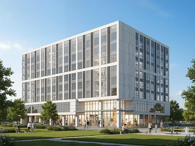 Modern Multi Story Office Building With Glass Facade Green Lawns And Pedestrians 3d model