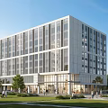 Modern Multi Story Office Building With Glass Facade Green Lawns And Pedestrians