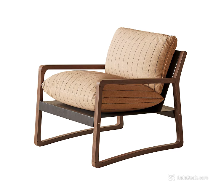 Modern Accent Chair With Dark Brown Wooden Frame And Striped Cushion 3d model 
