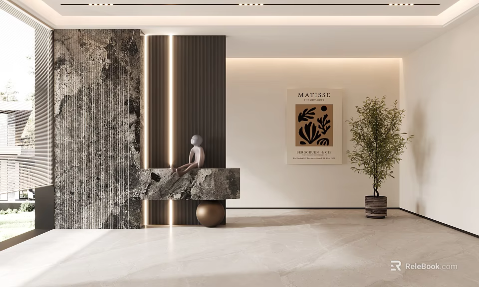 Modern Entryway Hallway Design With Marble Wall Wooden Panel Decorative Poster And Potted Plant 3d model 