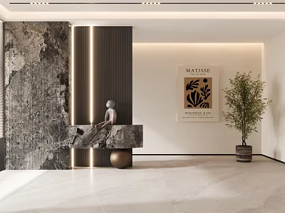 Modern Entryway Hallway Design With Marble Wall Wooden Panel Decorative Poster And Potted Plant 3d model