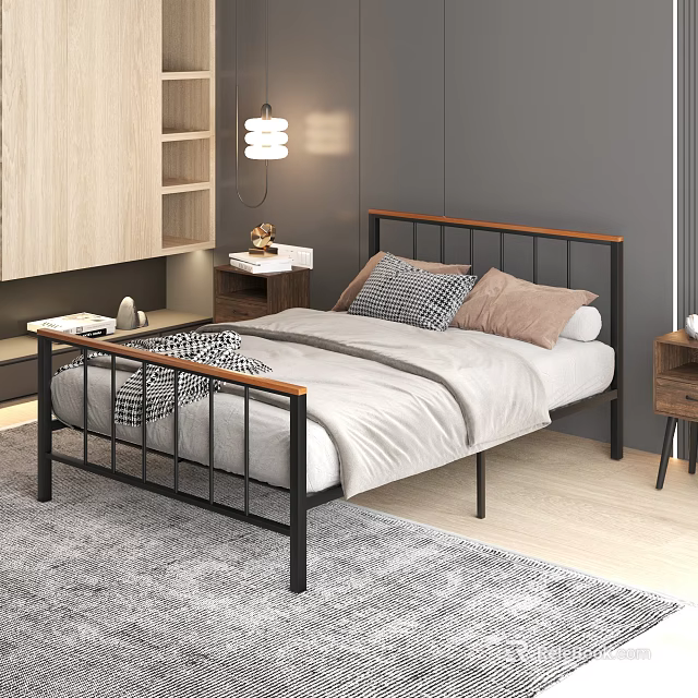Modern Double Bed With Black Metal Frame Wooden Headboard And Gray Bedding In Bedroom 3d model 