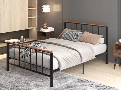 Modern Double Bed With Black Metal Frame Wooden Headboard And Gray Bedding In Bedroom 3d model