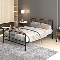 Modern Double Bed With Black Metal Frame Wooden Headboard And Gray Bedding In Bedroom