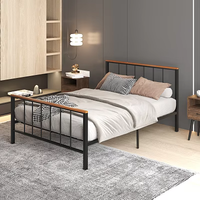 Modern Double Bed With Black Metal Frame Wooden Headboard And Gray Bedding In Bedroom 3d model