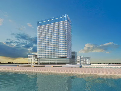 Modern High Rise Office Building With Glass Curtain Wall And Waterfront View 3d model