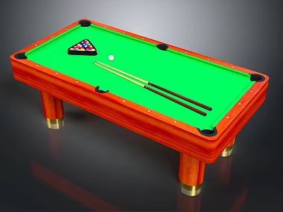 Classic Wooden Billiard Table With Green Felt Surface Balls And Cues For Home Entertainment 3d model