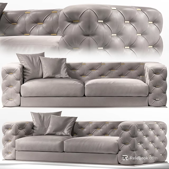 Luxury Gray Double Sofa With Tufted Design Decorative Pillows And Golden Buttons 3d model 