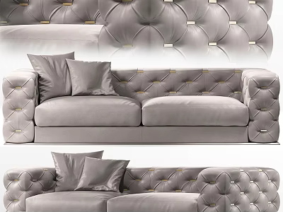 Luxury Gray Double Sofa With Tufted Design Decorative Pillows And Golden Buttons 3d model