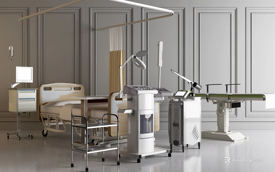 Modern Medical Equipment Collection Including Hospital Bed Cart and Treatment Instruments 3d model 