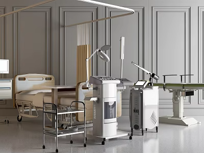 Modern Medical Equipment Collection Including Hospital Bed Cart and Treatment Instruments 3d model