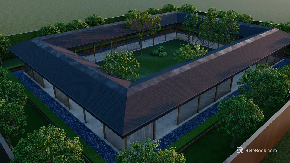 Modern Square Pergola With Dark Sloped Roof And Green Courtyard Trees 3d model 