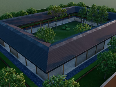 Modern Square Pergola With Dark Sloped Roof And Green Courtyard Trees 3d model