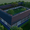 Modern Square Pergola With Dark Sloped Roof And Green Courtyard Trees