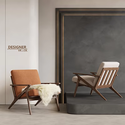 Modern Designer Accent Chairs Orange and Beige with Wooden Frame Fur Throw on Grey Wall 3d model