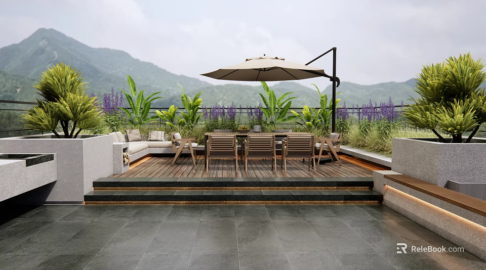 Modern Rooftop Garden With Wooden Deck Outdoor Dining Set Parasol Green Plants And Mountain View 3d model 