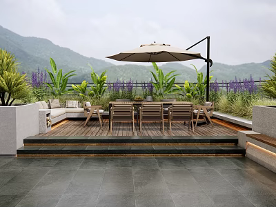 Modern Rooftop Garden With Wooden Deck Outdoor Dining Set Parasol Green Plants And Mountain View 3d model