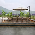 Modern Rooftop Garden With Wooden Deck Outdoor Dining Set Parasol Green Plants And Mountain View