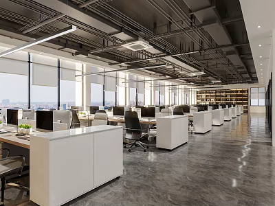 Modern Public Office Space With Open Workstations Computers Large Windows And Gray Flooring 3d model