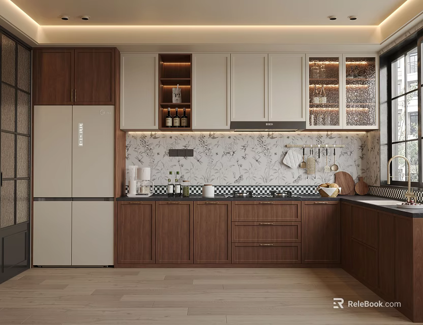 Modern Kitchen Interior Design With Dark Wooden Cabinets White Upper Cabinets And Marble Backsplash 3d model 