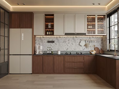 Modern Kitchen Interior Design With Dark Wooden Cabinets White Upper Cabinets And Marble Backsplash 3d model
