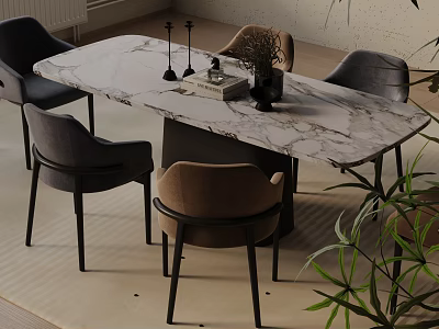 Modern Marble Top Dining Table Set With Gray And Brown Dining Chairs And Tabletop Plants 3d model