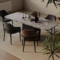 Modern Marble Top Dining Table Set With Gray And Brown Dining Chairs And Tabletop Plants
