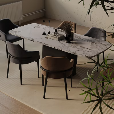 Modern Marble Top Dining Table Set With Gray And Brown Dining Chairs And Tabletop Plants 3d model