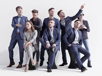 Group of business professionals in formal attire standing and sitting on white background 3d model